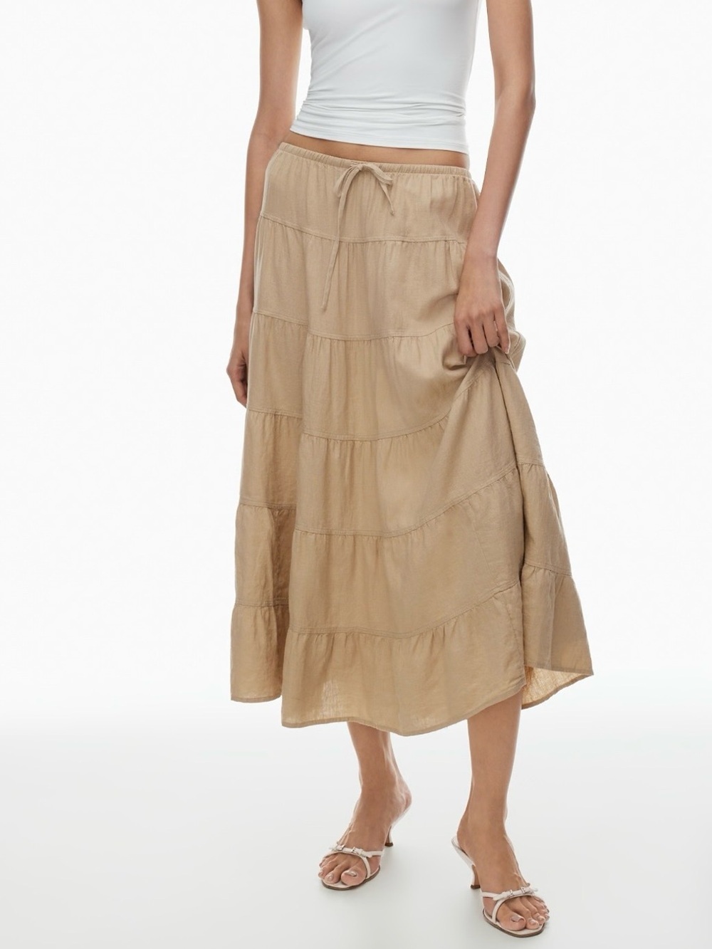 Wilfred Bouquet Linen Skirt in Humus Beige Tiered Midi Drawstring Aritzia